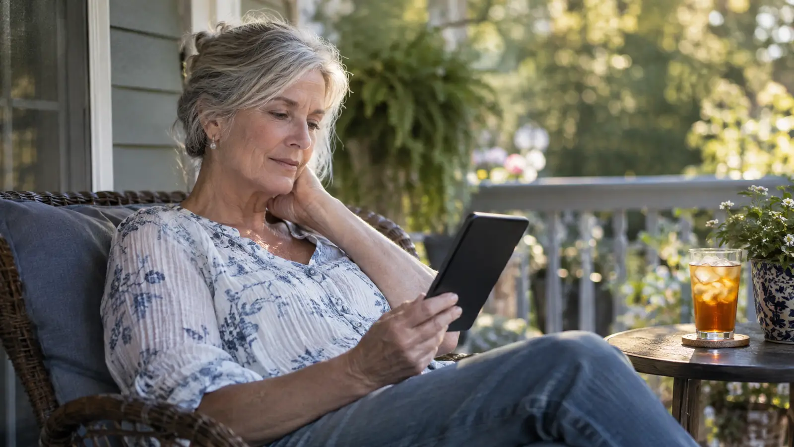 A woman in her sixties reading an e-reader on a back porch in the late afternoon