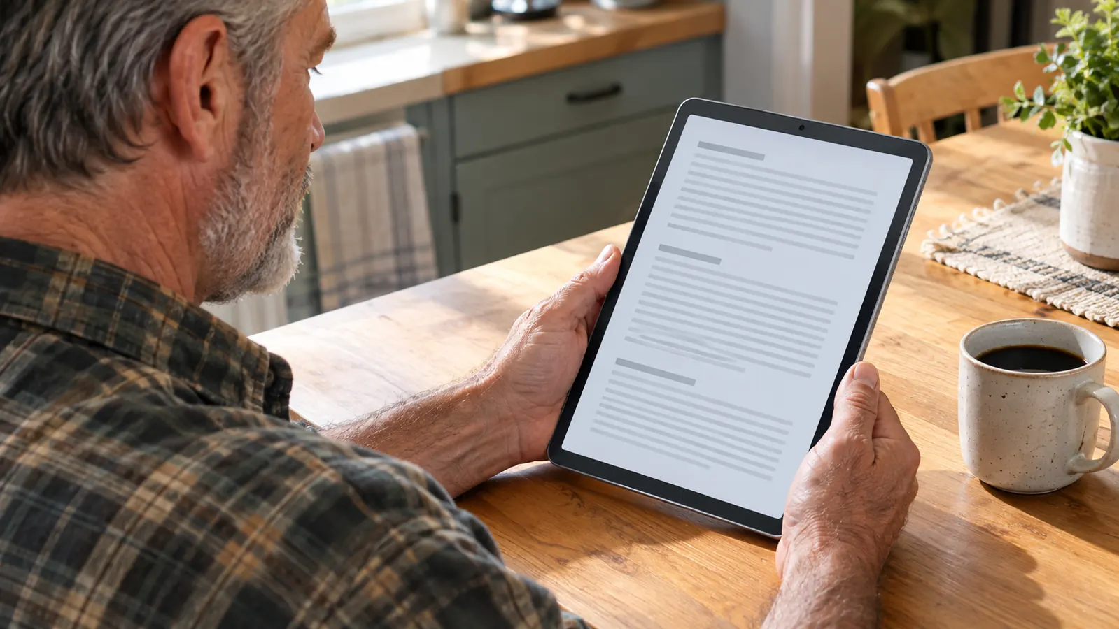 Hands holding the Samsung Galaxy Tab A11+ while reading at a kitchen table