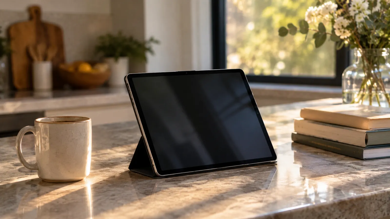 A tablet propped upright on a kitchen counter beside a coffee mug and a small stack of books