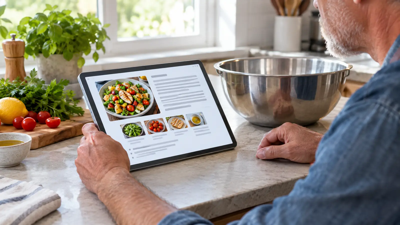 A hand propping a large tablet at an angle on a kitchen counter beside a stainless mixing bowl, the screen showing a colorful recipe page