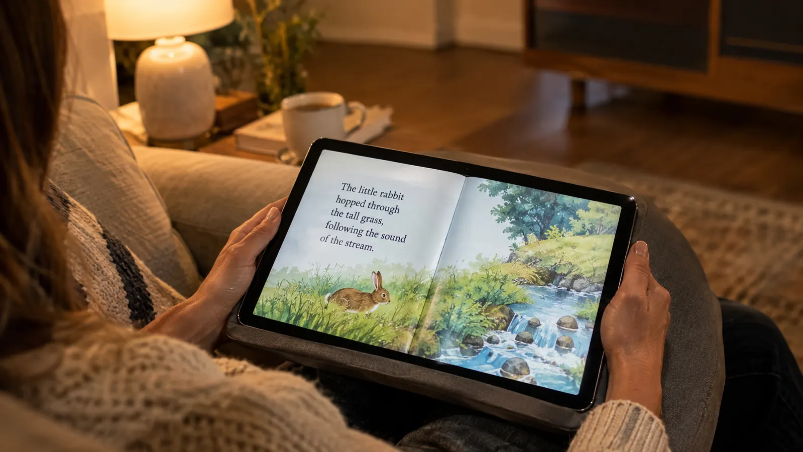 A large tablet on a lap tray showing a picture book spread with enlarged text, in a living room at dusk