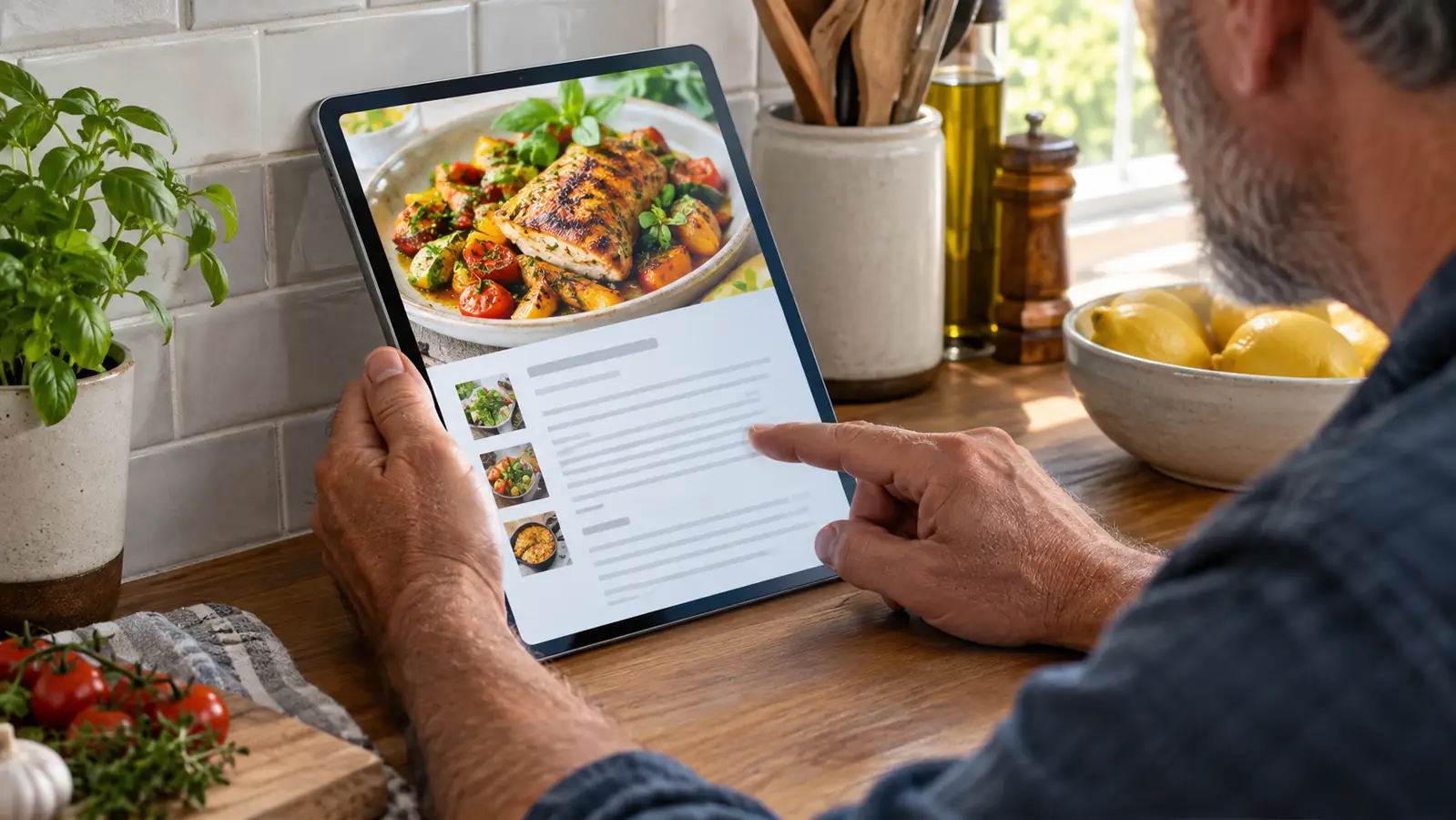 A hand holding a tablet propped up on a kitchen counter, the screen showing a colorful cookbook page with a photo of a finished dish
