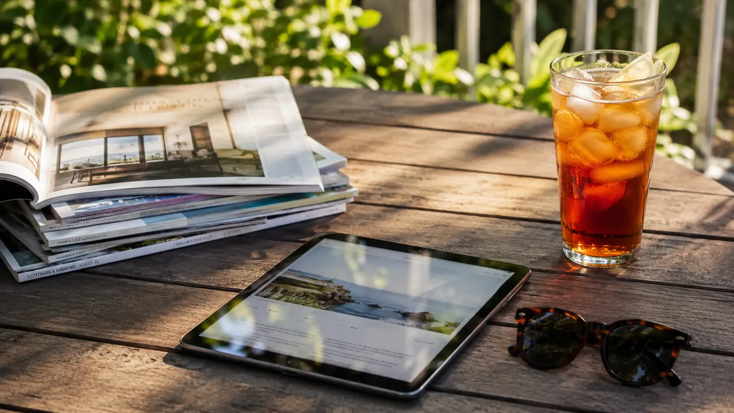 A tablet lying on a wooden porch table beside a stack of magazines and a glass of iced tea in late afternoon light