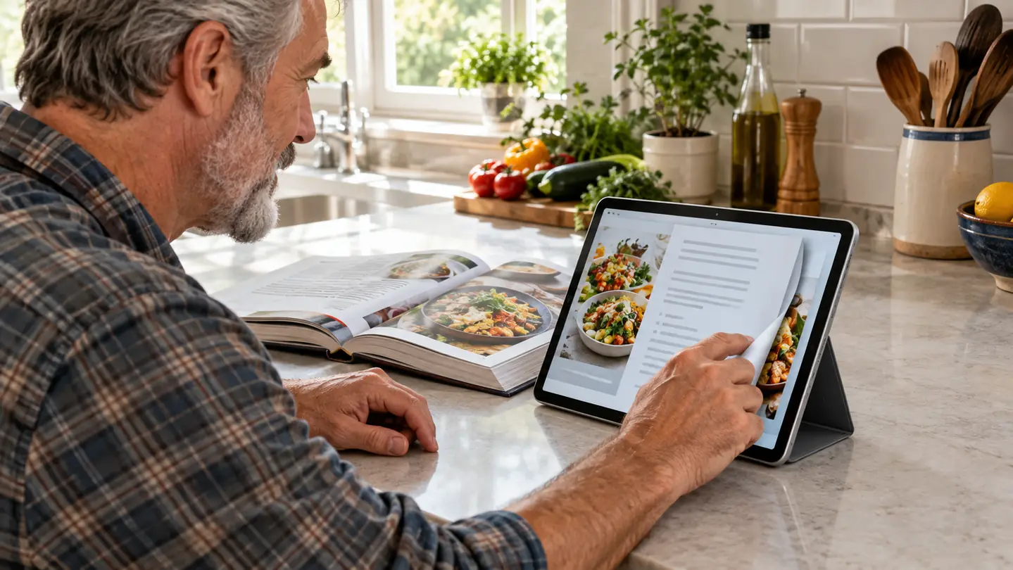 A hand holding an 11-inch tablet propped on a kitchen counter beside an open cookbook