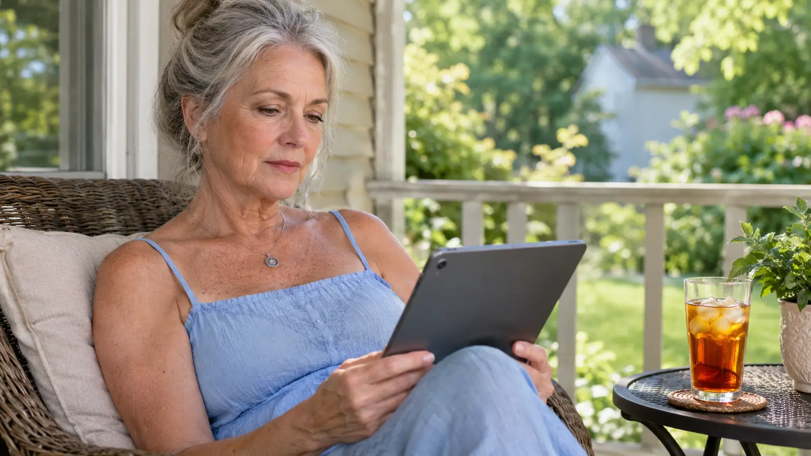 A woman in her sixties reading a tablet on a back porch in summer